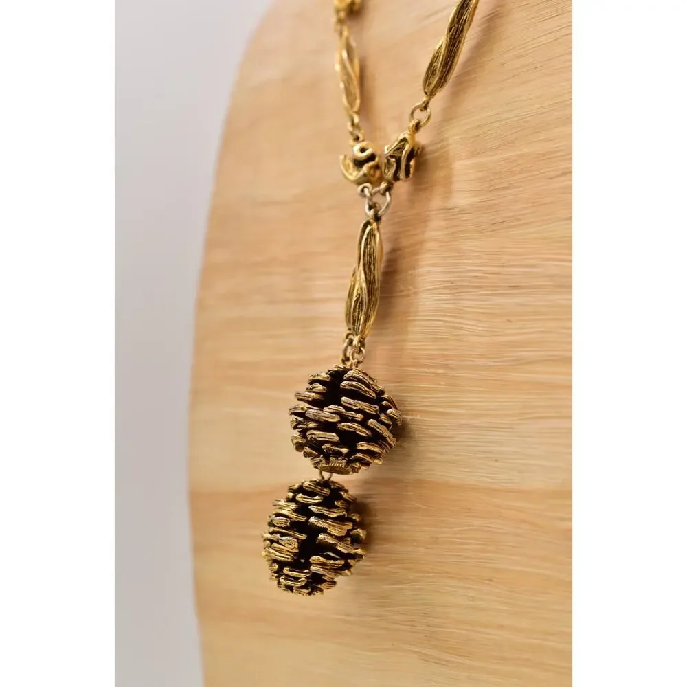 Vintage Fall Autumn Pinecone Statement Necklace Chunky Antiqued Gold Heavy BinBE
